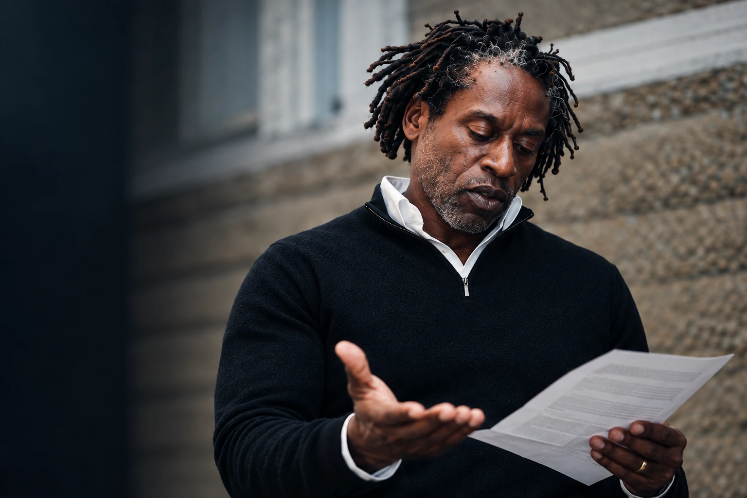 Uchenna Oranu reviewing a document outdoors